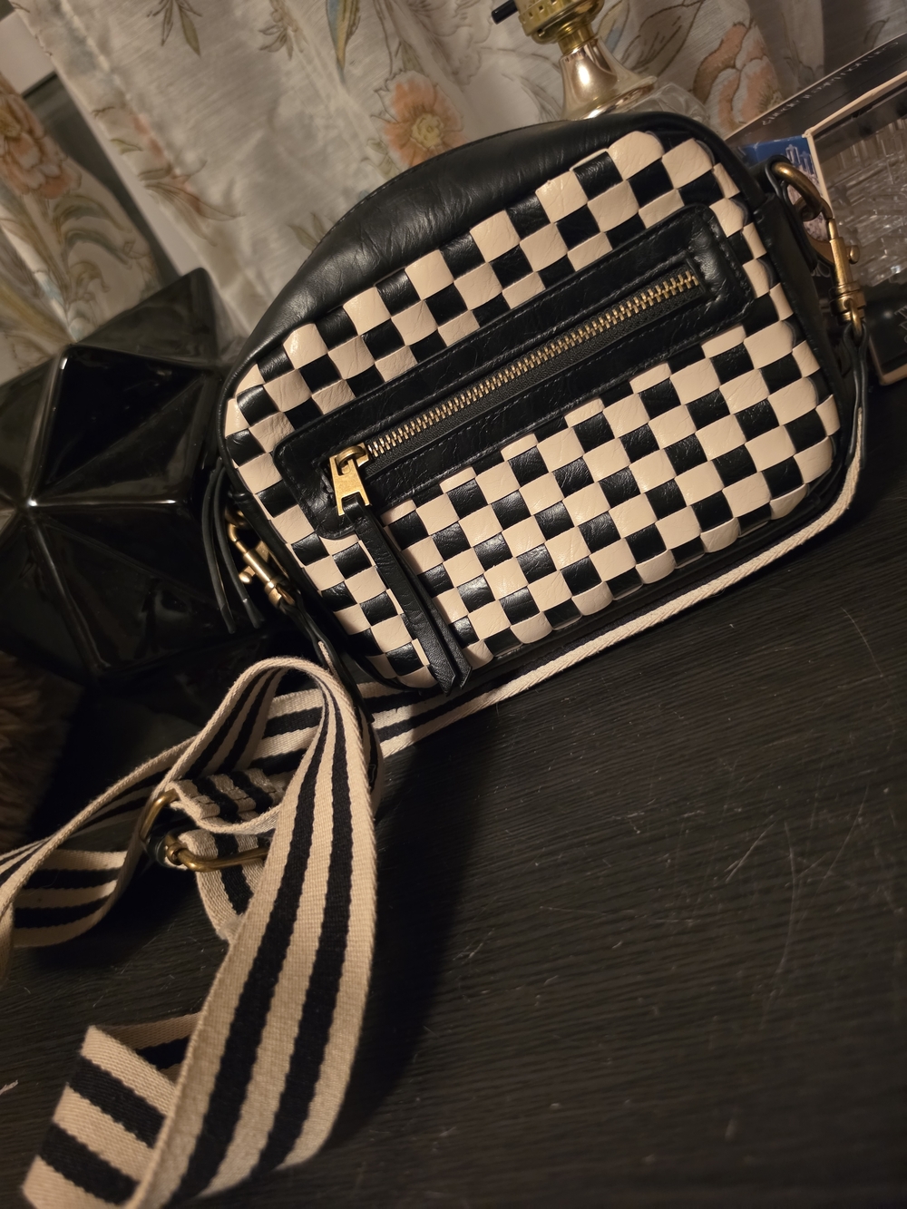 Universal Thread Black and Cream Checkerboard Crossbody with Striped Strap